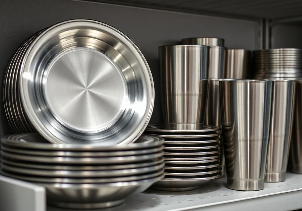 Stacked steel plates and tumblers