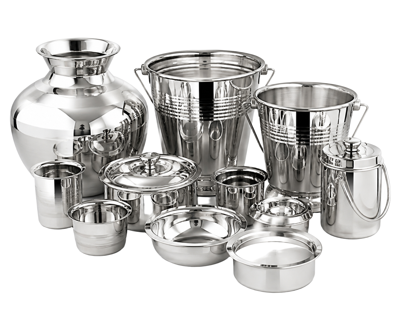 Stainless steel vessels, buckets and kudam from Amrita Stores